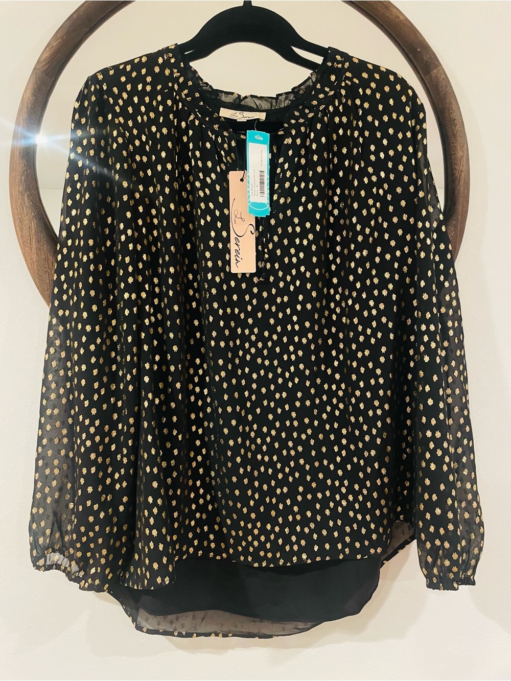 Les Serein Black Blouse with Metallic Gold Dot Print